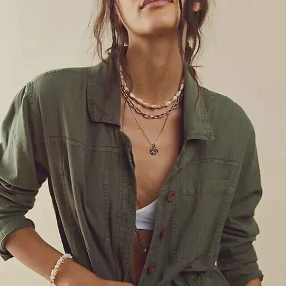 Free People Quinn Coveralls Jumpsuit Button Up Green New - Picture 3 of 8